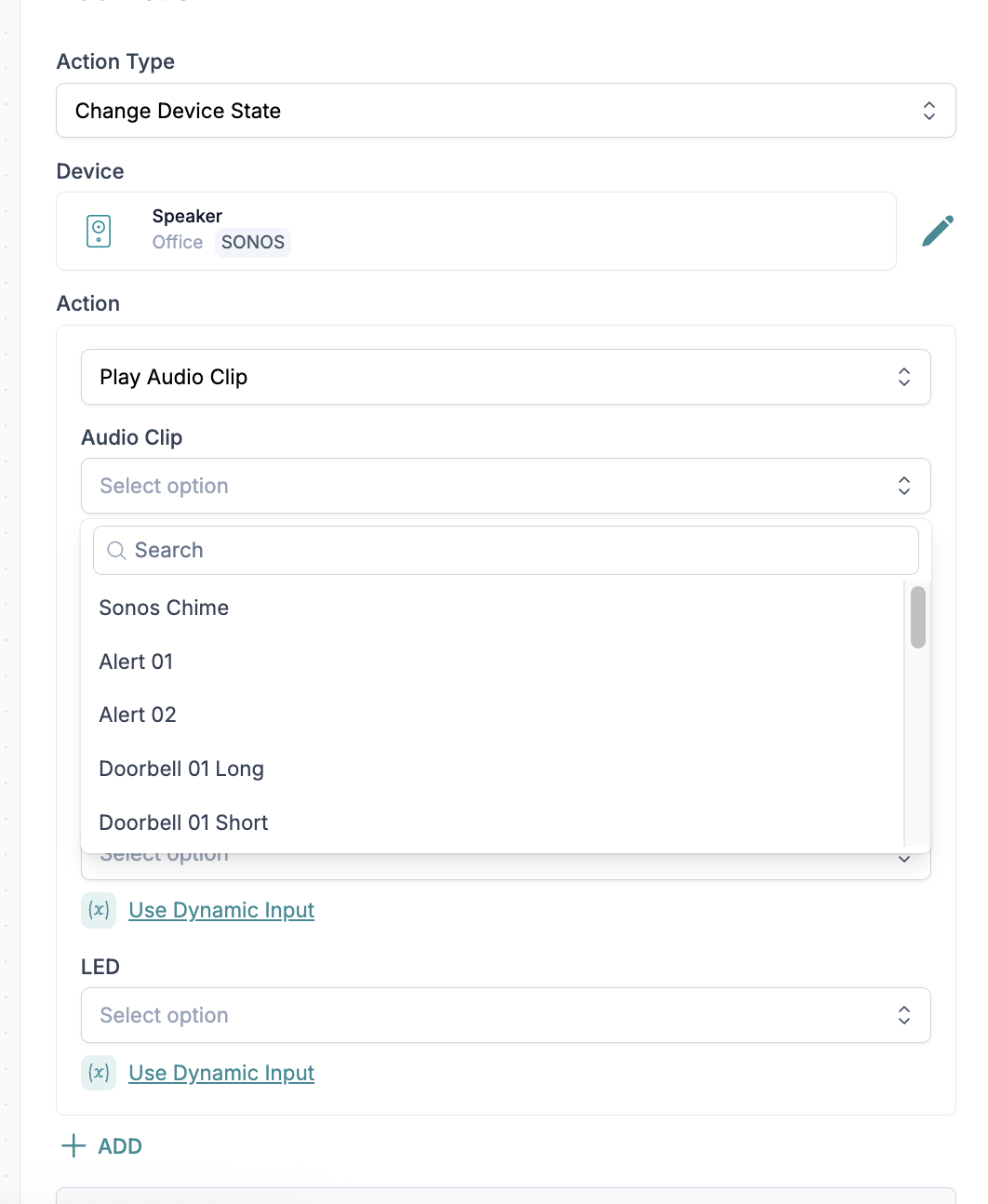 Azione «Riproduci clip audio» con una suoneria integrata Sonos selezionata