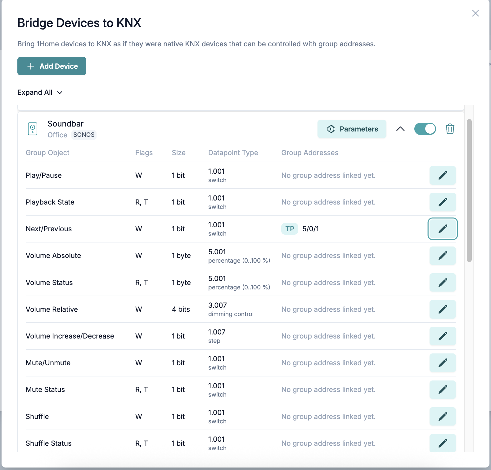 Mapper KNX con gli oggetti di gruppo di stato e di comando di Sonos