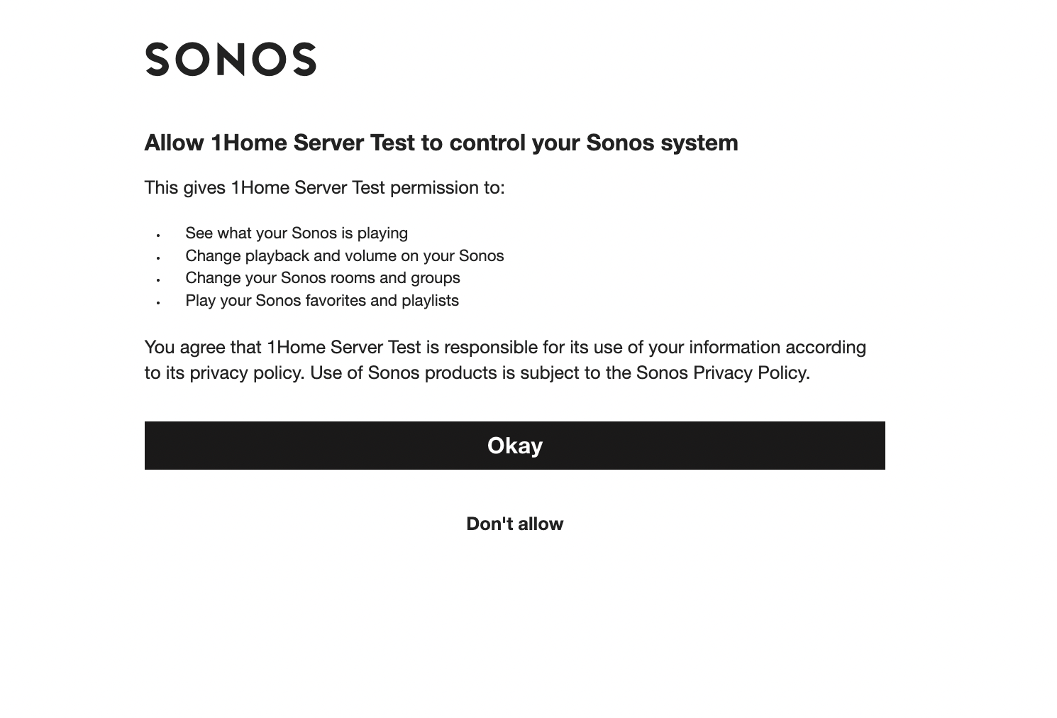 Schermata di consenso all'autorizzazione Sonos
