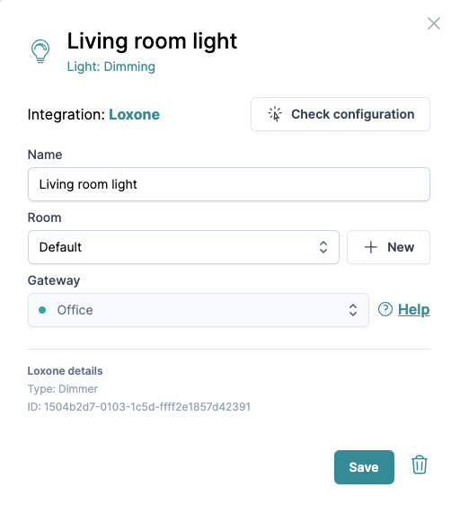 Ventana de configuración del dispositivo Loxone