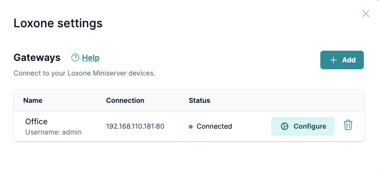 Loxone Einstellungsmenü mit konfiguriertem Gateway