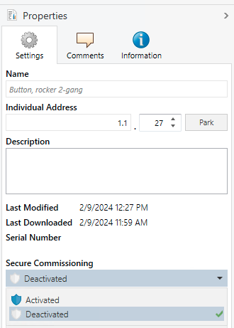 KNX Secure device's properties