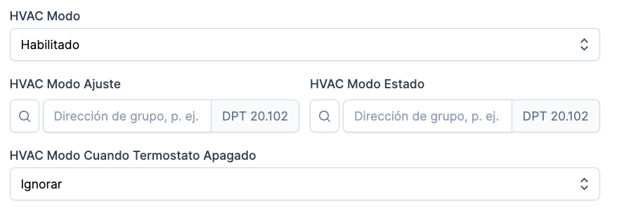 Captura de pantalla de configuración de Modos HVAC