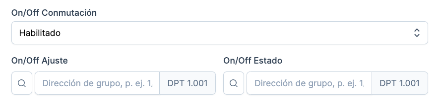 Captura de pantalla de configuración de la conmutación On/Off del termostato