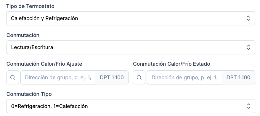 Captura de pantalla de configuración de Tipo de termostato y conmutación