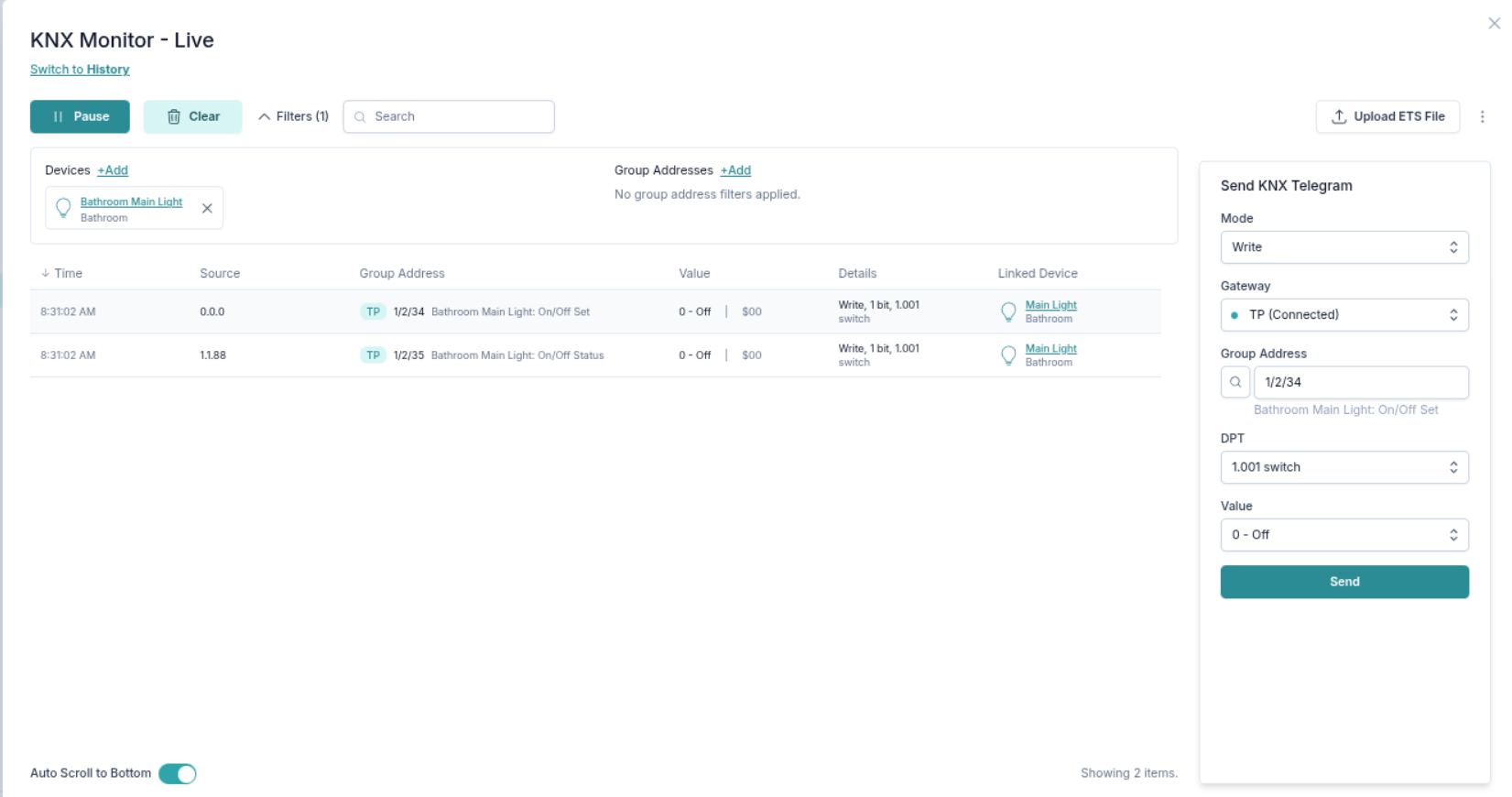KNX monitor write GA